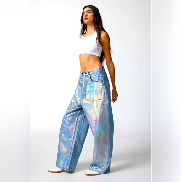 NEON denim LEROI coated wide leg jeans - size 28 - Picture 1 of 7